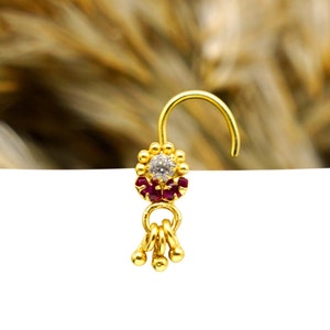 14krt Gold Plated Nose Ring: Ruby & CZ Diamond Gemstone Indian Nose Jewelry