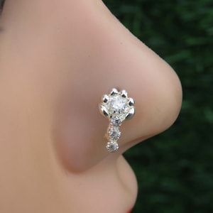 Sterling Silver Flower Nose Hoop: Indian Jewelry Unique Piercing CZ Nose Ring