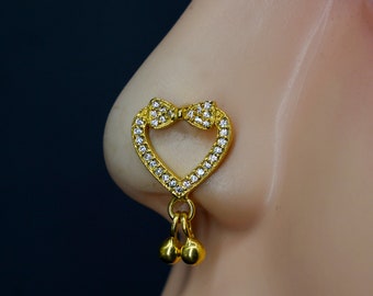 Heart Nose Ring: Bell Nose Stud Dangle Piercing CZ Gemstone Sterling Silver