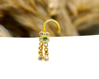 Dangle Flower Nose Stud: 925 Sterling Silver, Gold Nose Cuff