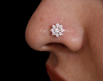 Sterling Silver Indian Nose Stud: CZ Flower Piercing