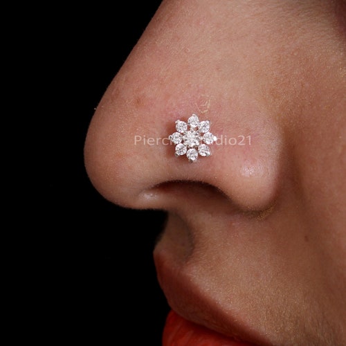 Piercing de nez indien en argent sterling : piercing fleur CZ
