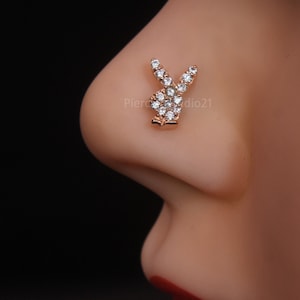 Neusstekker met konijn Crock-schroef neusstekker lente zomer 925 sterlingzilver neusstekker Unieke neusstekker L-vorm neusstekker Diamanten neuspiercing