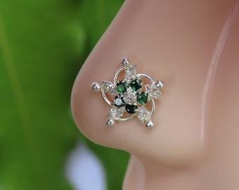 Flower Nose Stud: 925 Silver CZ Indian Nose Ring (22g)