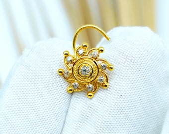 Gold Indian Nose Stud: 925 Sterling Silver, White CZ Gem