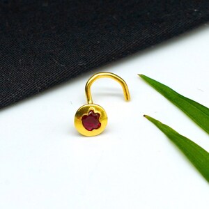 Gold Nose Hoop: Ruby CZ Sterling Silver Indian Nose Ring (18 Gauge)