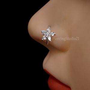 Sterling Silver Flower Nose Hoop: Cubic Zirconia Indian Nose Ring