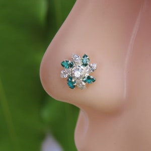 Flower Nose Stud: Sterling Silver Indian Nose Ring with Crystal