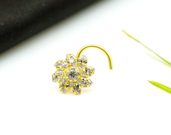 Gold Nose Stud: Sterling Silver Indian Nose Ring with Cubic Zirconia