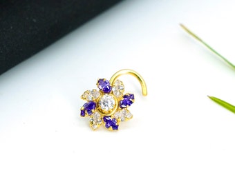 Gold Flower Nose Ring: Sterling Silver Sapphire CZ Piercing