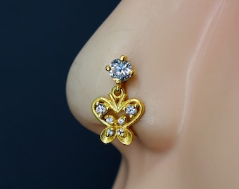 Gold Butterfly Nose Stud: Sterling Silver CZ Indian Nose Ring