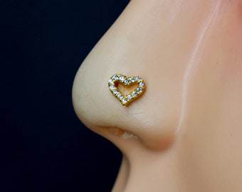 Heart Nose Stud: Gold Indian Nose Ring with Cubic Zirconia