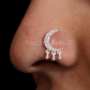 Cubic Zirconia Moon Nose Stud: Sterling Silver Indian Nose Ring