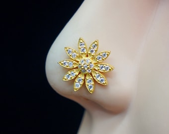 Gold Flower Nose Stud: Cubic Zirconia Diamond, 22g 925 Sterling Silver