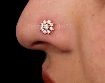 14k Gold Flower Nose Stud: CZ Crystal Indian Nose Ring