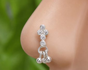 Sterling Silver Dangle Nose Ring: Indian Crystal Nose Stud