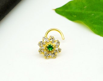 14K Gold Plated Nose Stud: Emerald CZ Flower, Sterling Silver Piercing
