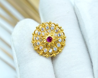 14K Gold Plated Nose Stud: Ruby & Cubic Zirconia, Sterling Silver Piercing
