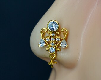 Gold Flower Nose Stud: Indian 925 Sterling Silver CZ Nose Ring