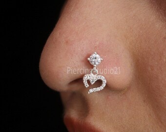 Sterling Silver Dangle Heart Nose Stud: Indian L-shape Nose Pin