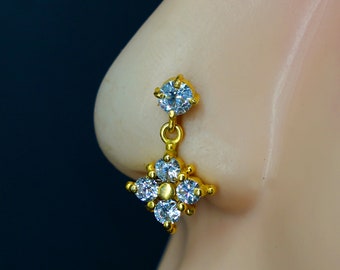 Gold Indian Nose Stud: Unique Nose Piercing Cubic Zirconia, 22/20/18/16g
