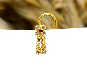 Gold Ruby Dangle Nose Ring: Sterling Silver Indian Nose Stud