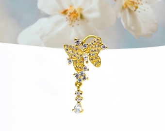Butterfly Dangle Nose Ring: Gold CZ Indian Nose Stud