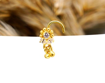 Gold Indian Nose Ring: CZ Bell Dangle 22/20/18/16 Gauge