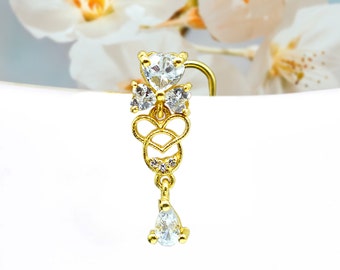Gold Dangle Heart Nose Stud: Indian Nose Ring Crock Screw