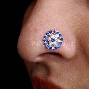 Sterling Silver Indian Nose Stud: Blue & White CZ 14g Nose Piercing