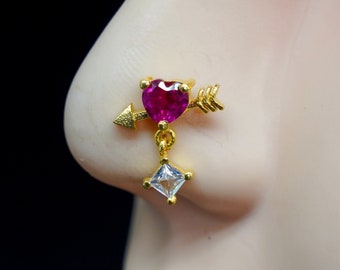 Ruby Heart Nose Ring: Gold Sterling Silver CZ Indian Nose Stud