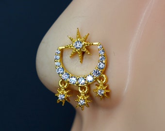 Gold Moon Star Nose Stud: Unique handmade Jewelry  Indian Nose Ring