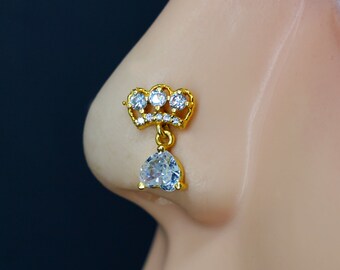 Gold Crown Nose Stud: Sterling Silver Indian Nose Ring with Cubic Zirconia