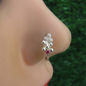 Sterling Silver Nose Ring: CZ Gemstone Indian Nose Piercing, 20 Gauge