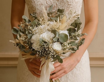Dried Flower Bridal Bouquet, Boho Eucalyptus, White Rose & Pampas Grass Boho Bridesmaid Bouquet