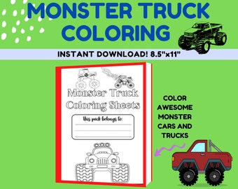 Monster Truck Coloring Sheets - 24 Printable Coloring Pages for Kids, Boys, Girls. Monster Truck Birthday Party Activity, Instant Download