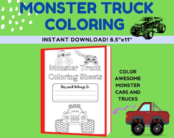 Monster Truck Coloring Sheets - 24 Printable Coloring Pages for Kids, Boys, Girls. Monster Truck Birthday Party Activity, Instant Download