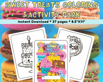 Sweet Treats Cute Desserts Kawaii Printable Coloring & Activity Pages for Girls, Kids, Tweens for Birthday Party Activity, favor, Home art