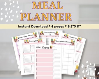 Fun Weekly Meal Plan Printable, Meal Plan Template, Weekly Menu Planner, Health Planner, Fitness Planner, Grocery List, Food Inventory