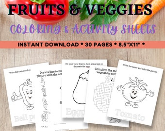 Fruits & Vegetables Coloring Letter Tracing Printable Activity Sheets for Early Learners, birthday party activity, instant download