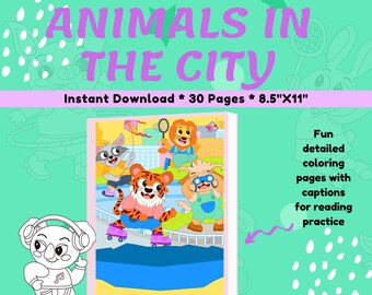 City Animals Coloring Book - 30 Printable Zoo Animal Coloring Pages - Kids, Boys, Girls. Animals Birthday Party Activity, Instant Download.