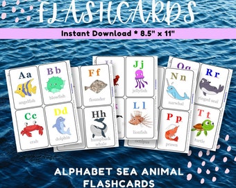 Alphabet ABC Sea Animal Flashcards for Preschool | pre-k | kindergarten| ECE printable |memory game| homeschool |montessori| waldorf|nature