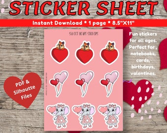 Sweet Hearts Printable Stickers for Planners, Scrapbooking, card making, birthday, valentine's day, mother's day party favors and gifting