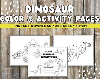 Dinosaur Coloring, Dot to Dot, Counting Pages - 32 Printable Dinosaur Color Activity Pages for Boys, Kids, Dinosaur Birthday Party Activity
