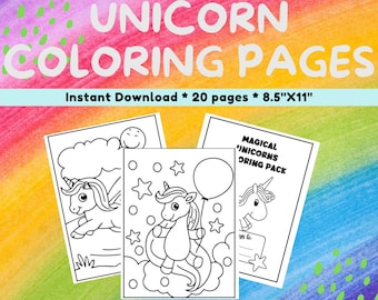 Unicorn Coloring Pages - 20 Printable Unicorn Coloring Pages for Girls, Teens & Kids, Unicorn Birthday Party Activity, Girls Birthday Party