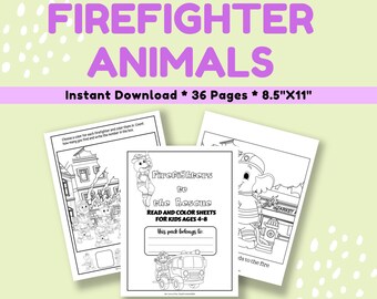 Fire Safety Read and Color Pages – 36 Printable sheets with firefighter animals for Boys, Girls, Kids, firefighter themed birthday party