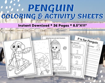 Penguin Coloring, Tracing, Counting Pages - Printable Coloring & Activity Sheets for Boys, Girls, Kids, Birthday Party Activity and favors