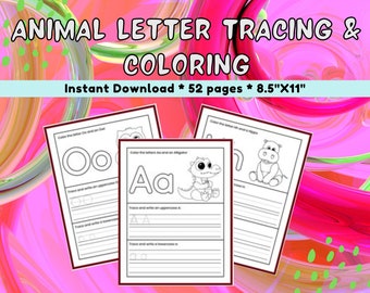 Animal Letter Tracing & Coloring Book - 52 Printable Pages for Kids, Boys, Girls. Animal Birthday Party Activity, Instant Download