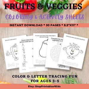 Fruits & Vegetables Coloring Letter Tracing Printable Activity Sheets for Early Learners, birthday party activity, instant download image 1
