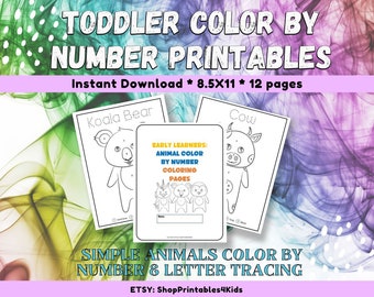 Animals Color by Number & Letter Tracing Printable Coloring Sheets for Pre School Toddlers Kindergarten and Early Learners instant download